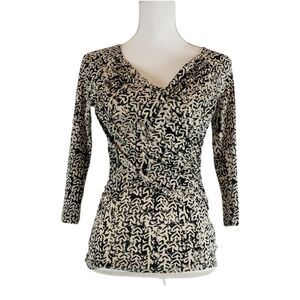 Meadow Rue Anthropologie SIZE S Faux Wrap 3/4 Sleeve Blouse Top Ruched Side Blac